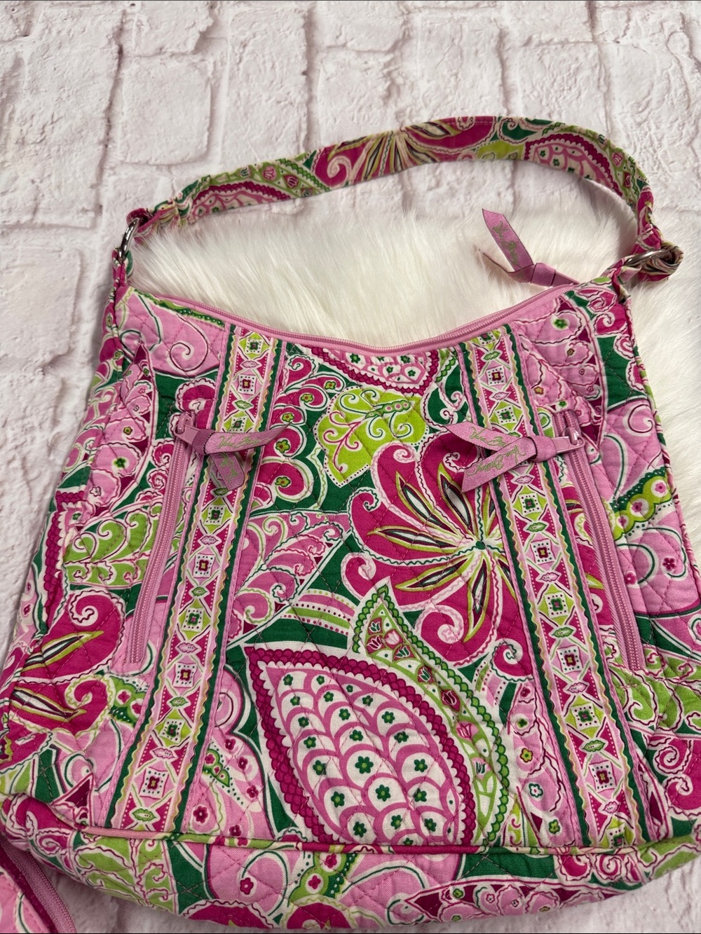 Vera Bradley Pink & Green Paisley Quilted Shoulder Bag with Matching Wallet - Picture 7 of 16